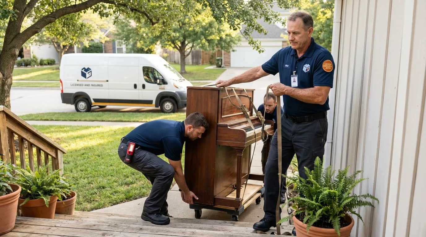 Licensed piano movers securing grand piano in Honesdale, PA