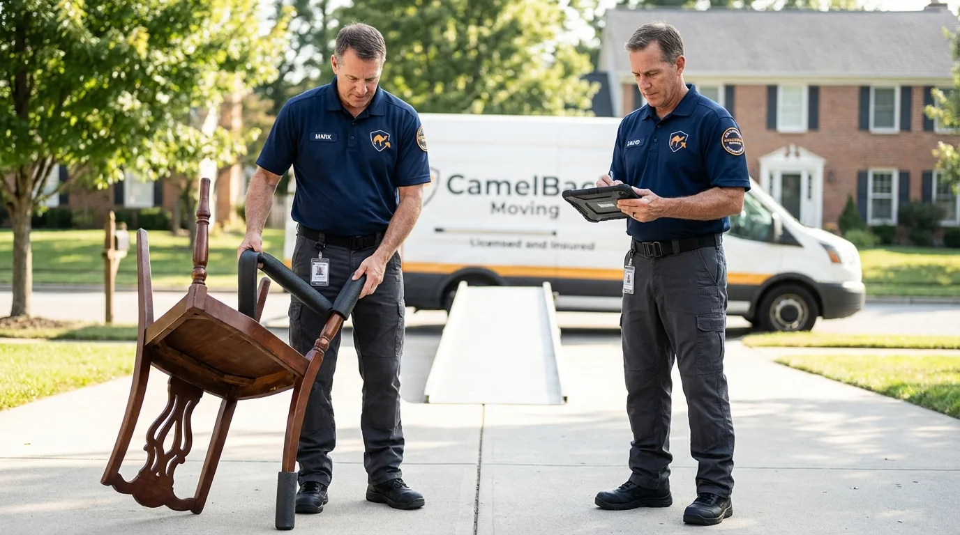 Movers inspecting furniture for damage prevention before loading in Honesdale, PA