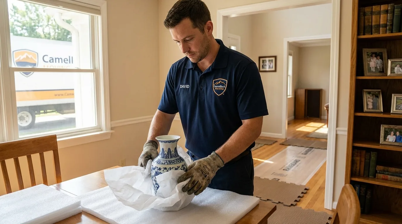 Professional crew carefully wrapping antique vase for senior downsizing move in Honesdale, PA